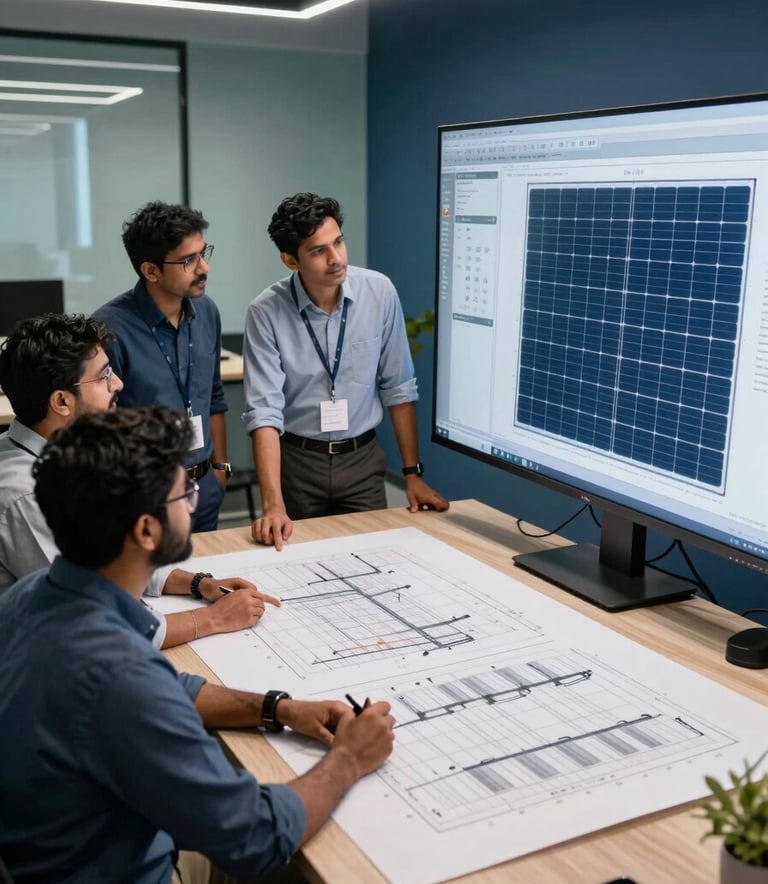 A group of professional solar engineers in a modern South Asian / Indian design studio, collaboratively reviewing large-scale solar project schematics on a digital screen. The office atmosphere is professional and forward-thinking, featuring accents of Muted Teal and Deep Blue in the decor.
