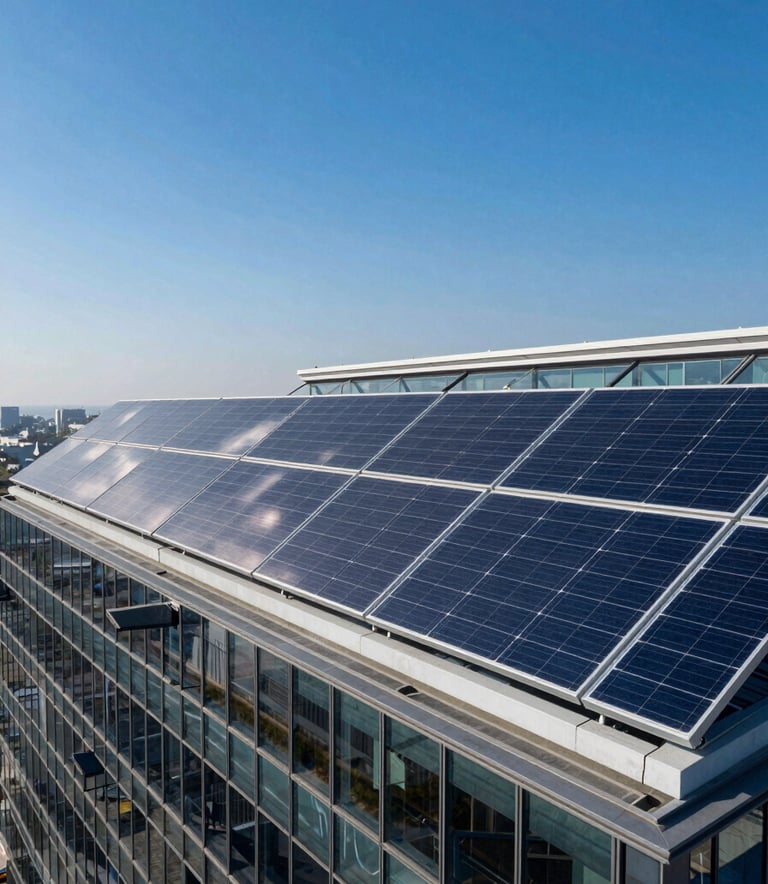 Professional architectural photography of high-efficiency solar panels installed on the roof of a modern glass building in a South Asian / Indian city. The clear sky is a brilliant Deep Blue. The composition is angled to show innovation and sustainability, with Mist White reflections on the panel surfaces.
