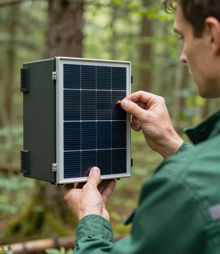 Close-up of a professional technician in deep forest green workwear inspecting a solar inverter with precision, bright and clear environment, Central European setting.