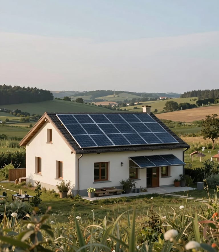 A wide-angle landscape shot of a beautiful Central European / French residence with integrated solar energy systems. The image evokes a sense of peace, comfort, and sustainable modern living with soft natural lighting.