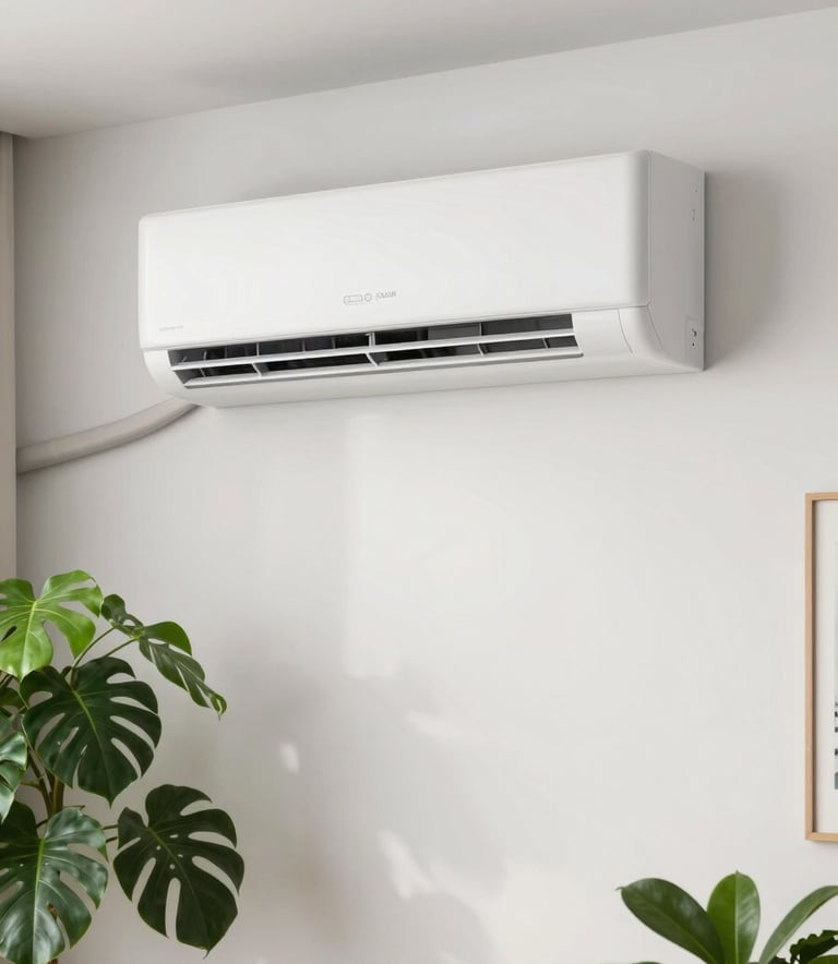 A sleek, minimalist white air conditioning unit mounted on a soft white wall in a modern French apartment, soft natural light, vibrant leafy green plants nearby, professional and clean aesthetic.