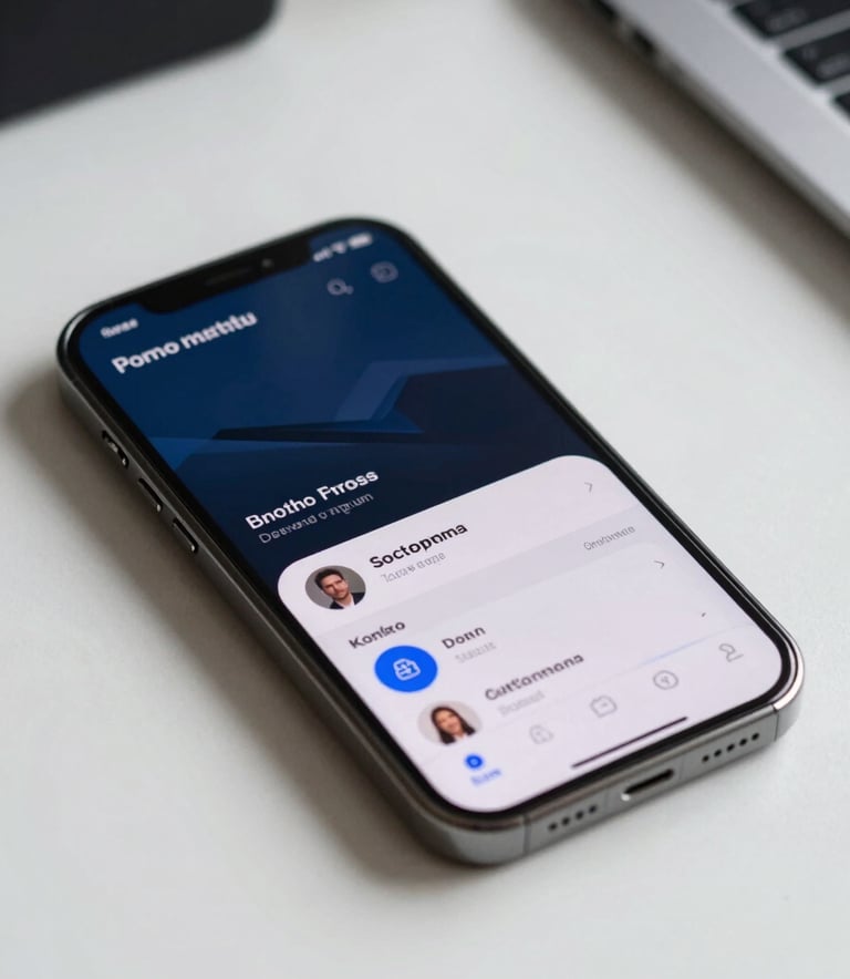 A close-up photography shot of a high-resolution smartphone screen displaying a sophisticated application with dark blue and light gray interface elements, resting on a clean white desk in a North American tech hub office, professional soft lighting.