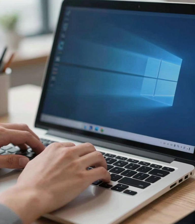 A close-up photograph of a developer's hands working on a high-end laptop in a bright North American office studio, with reflections of light blue and deep blue on the screen glass, sharp focus on the keyboard, professional lighting.