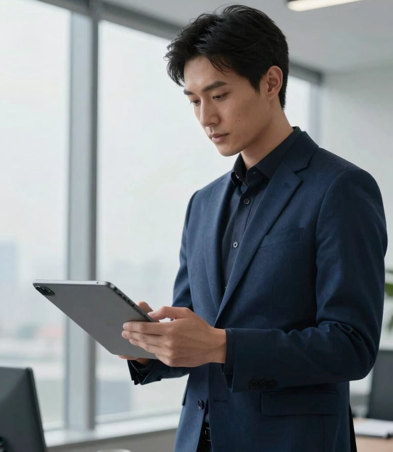 High-end modern office interior in North America, a designer working on a tablet with sleek hardware, soft natural light through large windows, professional atmosphere, featuring colors of deep blue and light gray.