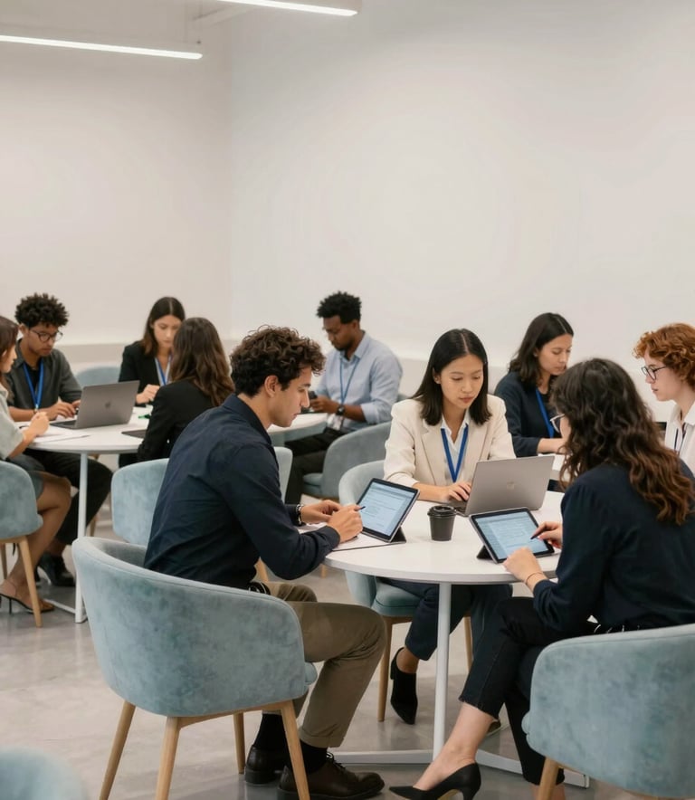 A group of diverse professionals in a modern North American creative hub collaborating over a tablet, the environment is bright with off-white walls and sleek light blue furniture, wide angle, professional atmosphere.