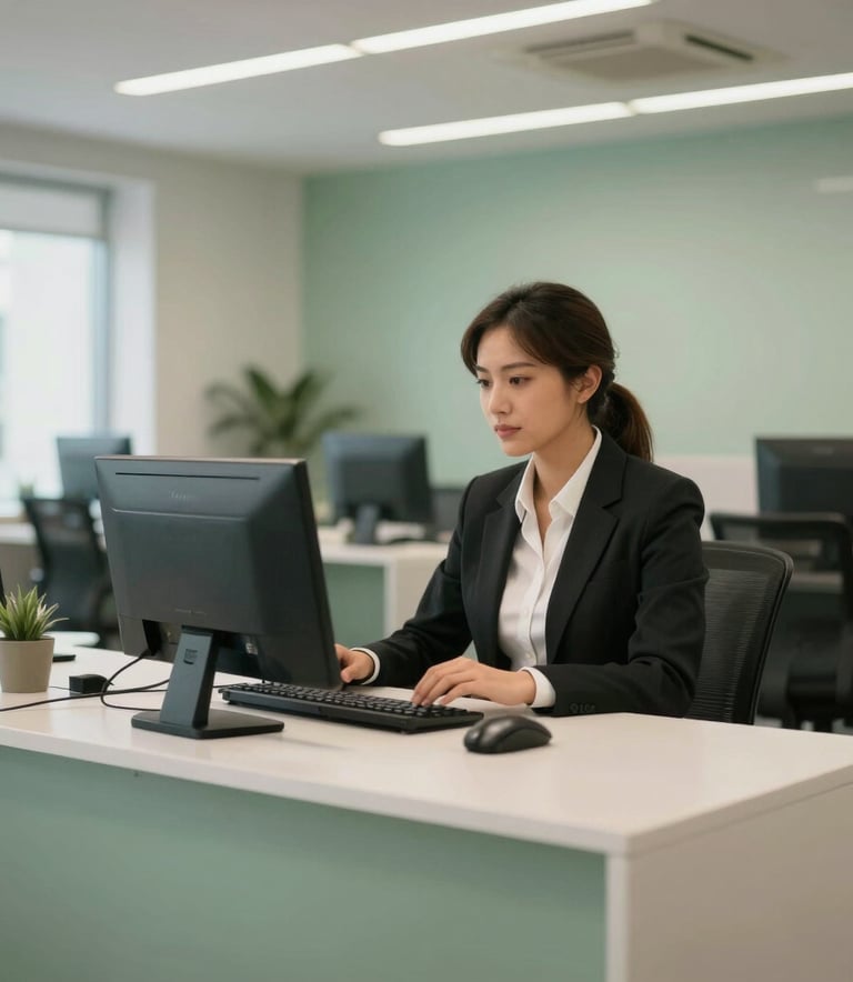 A professional South American office interior focusing on a modern tele-service desk, with a soft green and off-white color palette, clean lines, and an atmosphere of reliability and high-quality customer service.