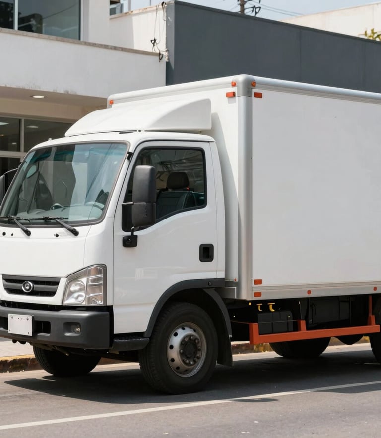 A professional delivery logistics scene in a South American urban setting, featuring a clean white transport vehicle parked near a modern storefront, bright natural daylight, highlighting reliability and efficient beverage distribution.