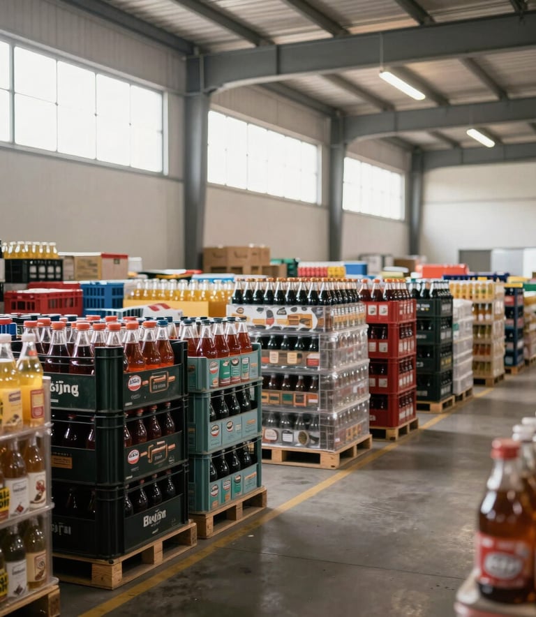 A wide angle shot of a clean and modern beverage warehouse in Brazil, showing organized crates of bottled products with bright, natural lighting coming from high windows.
