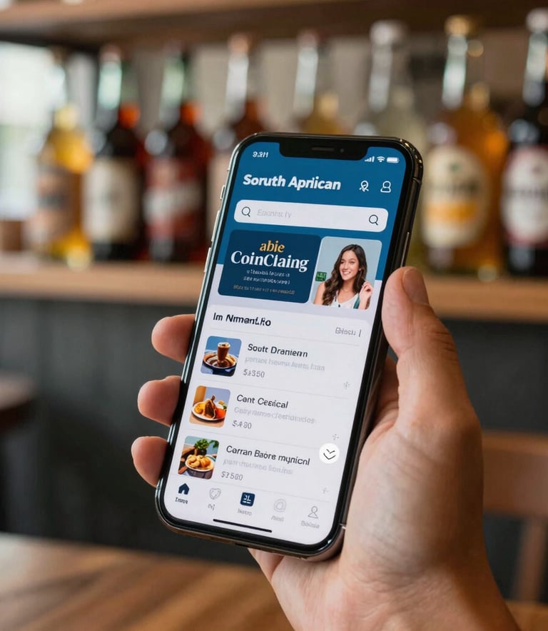 A close-up photograph of a modern smartphone in a person's hand showing a mobile app, in a South American / Brazilian cafe setting with blurred beverage bottles on a shelf in the background. Natural morning lighting.
