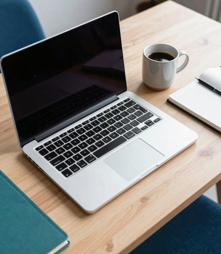 A top-down view of a modern, clean workspace in a Brazilian creative studio. A premium laptop is open on a light wood desk, next to a ceramic coffee mug and a notebook. The scene is bright and professional, with hints of teal and deep blue in the accessories.