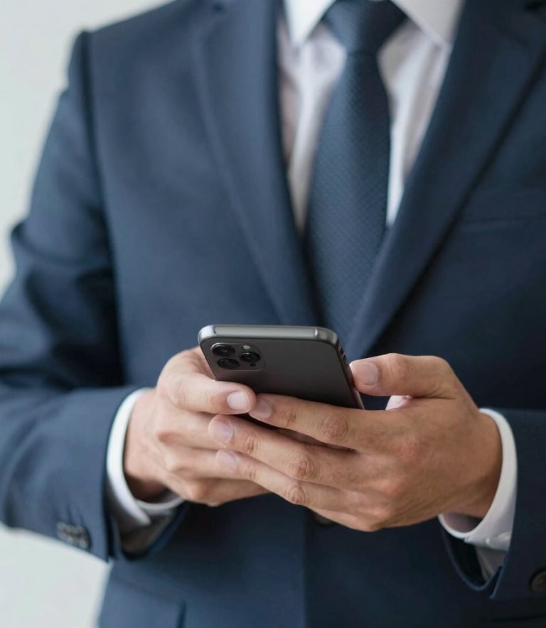 A close-up photograph of a modern smartphone screen displaying a sleek website interface, held by a professional in a South American corporate setting, natural daylight from a nearby window.