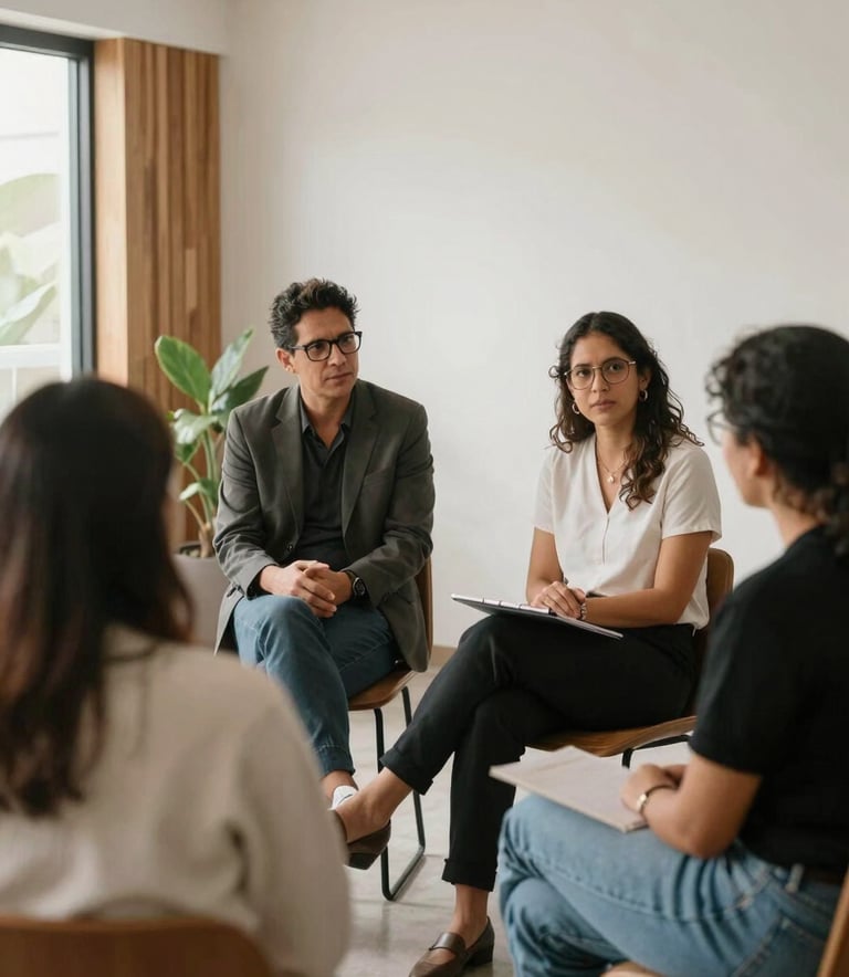 A candid photograph of a South American professional meeting in a bright, modern studio, with natural wood accents and plants, conveying a sense of collaboration and expertise.