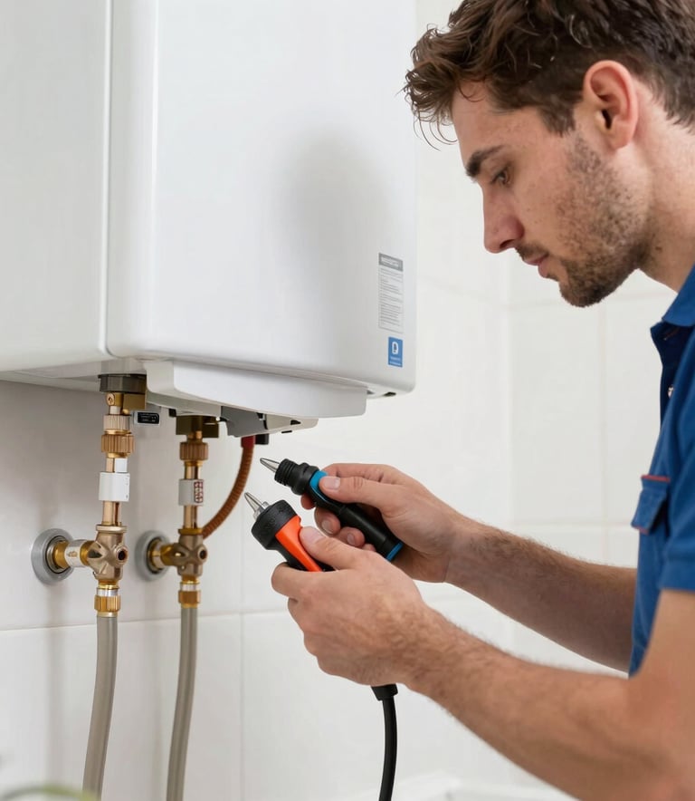 A professional technician using modern tools to repair a water heater system in a Middle Eastern / Turkish home setting, bright and clean composition, professional photography.