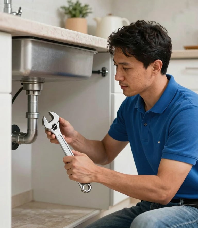 A professional plumber in a medium blue polo shirt using a wrench to repair a sink pipe in a contemporary kitchen. The scene is bright and organized, set in a Middle Eastern / Turkish home, reflecting the brand's commitment to efficiency and professional expertise.