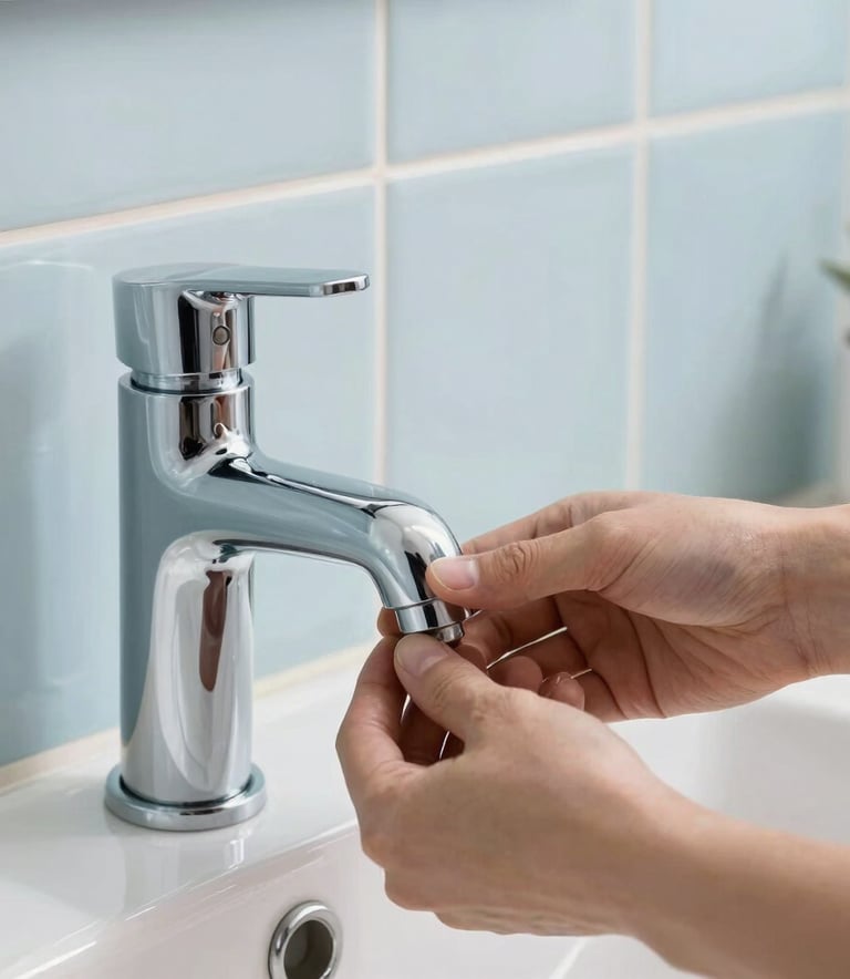 Close up of hands installing a high-quality chrome faucet in a modern bathroom with pale blue tiles, Middle Eastern / Turkish apartment, bright professional lighting.