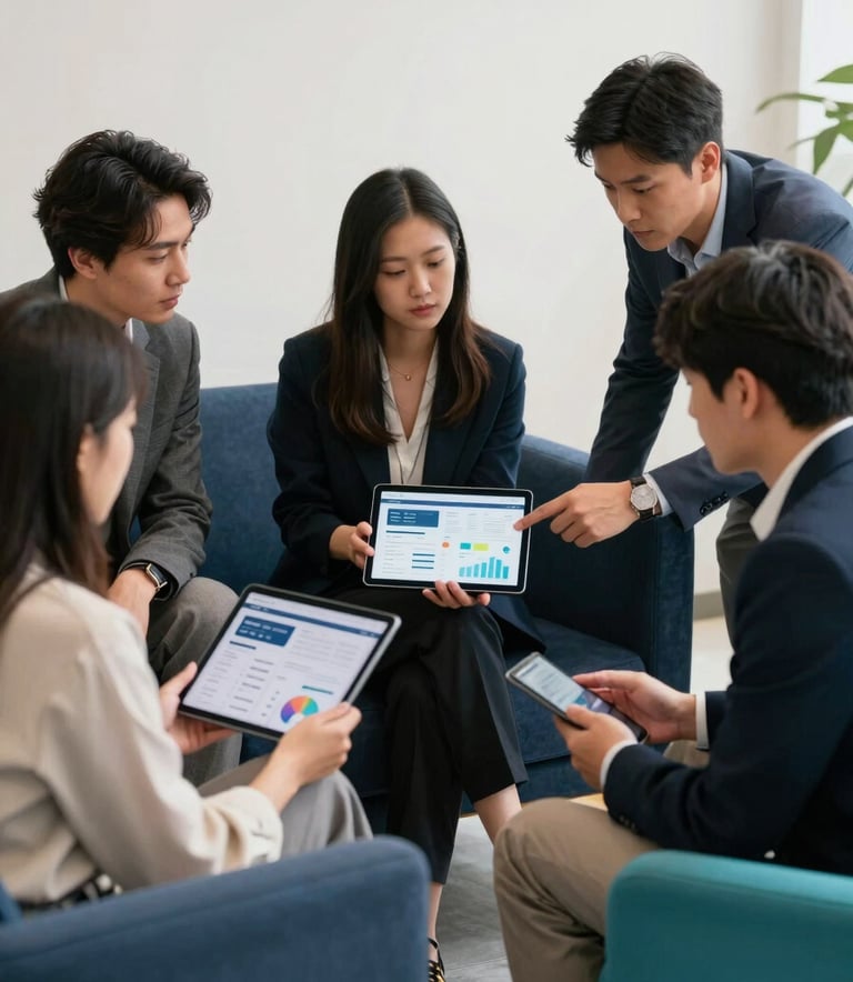 A group of professionals in a North American / US tech hub collaborating over a tablet showing digital marketing data, dark slate blue furniture, bright teal accessories, innovative and focused atmosphere, soft off-white lighting.