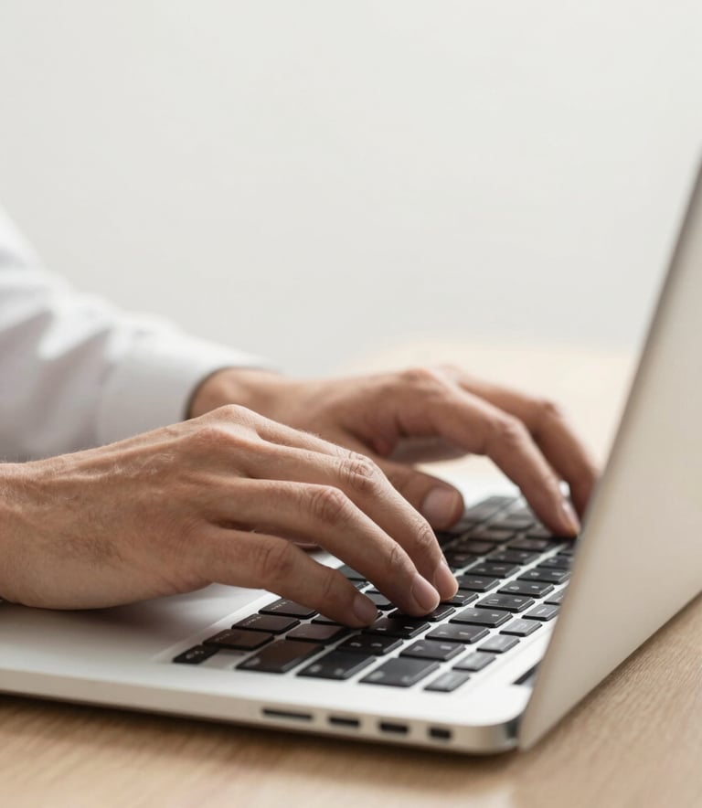 A close-up, high-quality photograph of a professional's hands typing on a high-end laptop in a bright, modern North American / US workspace. Soft off-white background with a focused, results-driven atmosphere and sleek tech aesthetic.