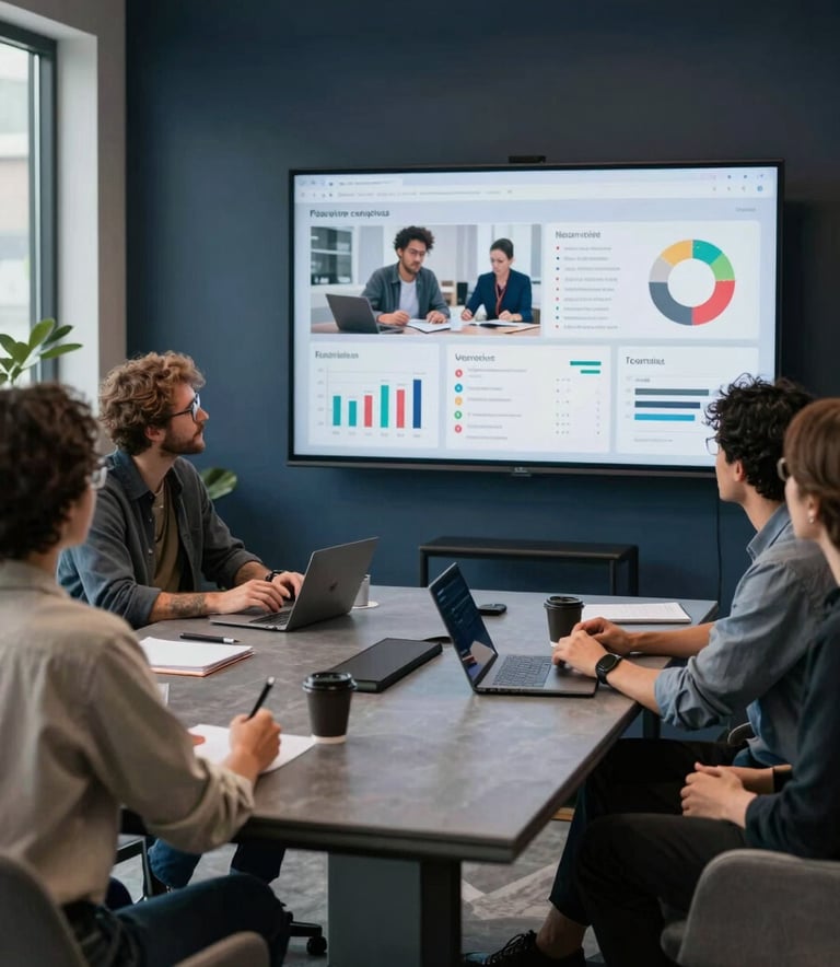 A collaborative meeting of diverse professionals in a North American / US creative studio. They are looking at a large screen displaying campaign analytics. The room has dark navy accents and cool slate grey furniture.