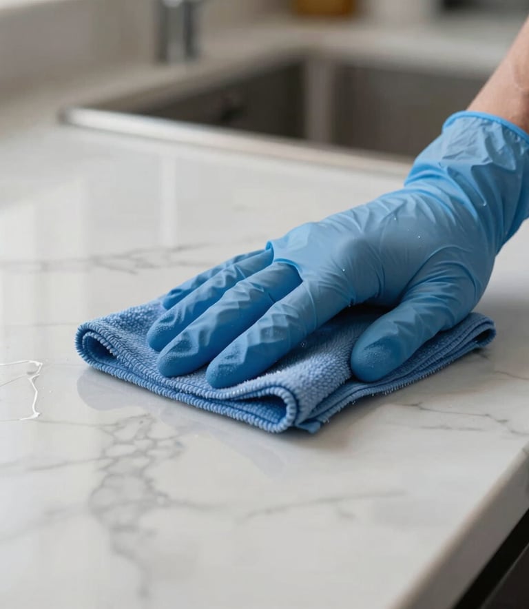 A close-up photograph of a professional's hand in a blue glove using a microfiber cloth to wipe a polished marble countertop in a modern North American kitchen. The lighting is crisp and highlights the streak-free, hygienic surface. Palette features teal blue and off-white.