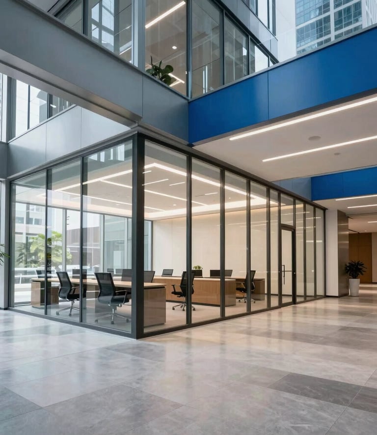 Wide shot of a bright, modern commercial office space in a North American city, featuring gleaming glass partitions, pristine floors, and a professional, airy atmosphere with steel blue accents.