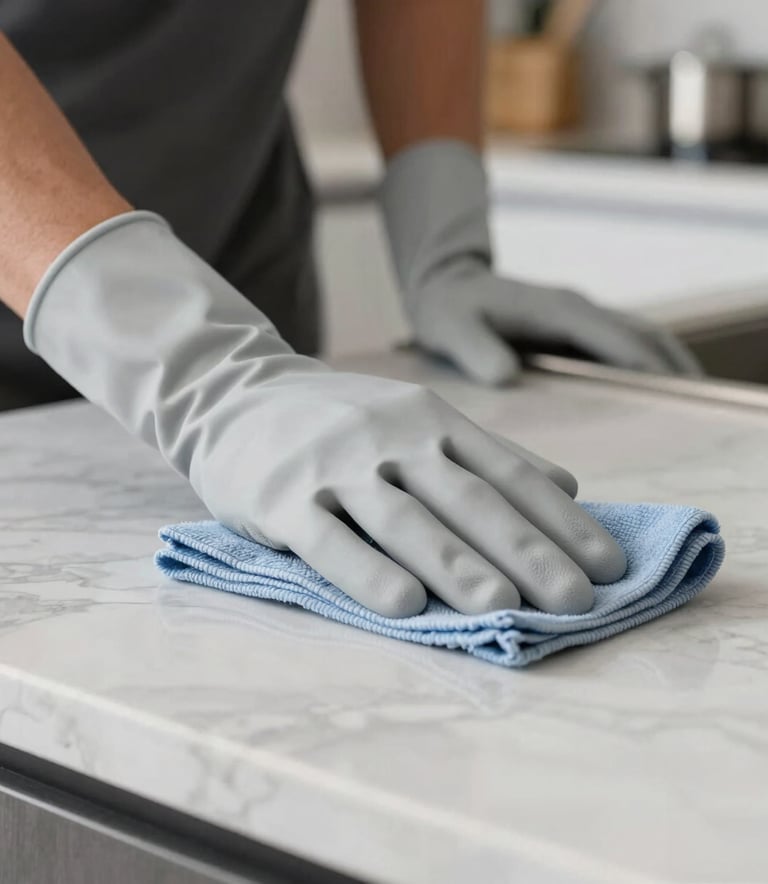Close-up photography of a professional cleaning specialist's hands in light grey gloves using a microfiber cloth to wipe a polished marble countertop in a modern North American kitchen.
