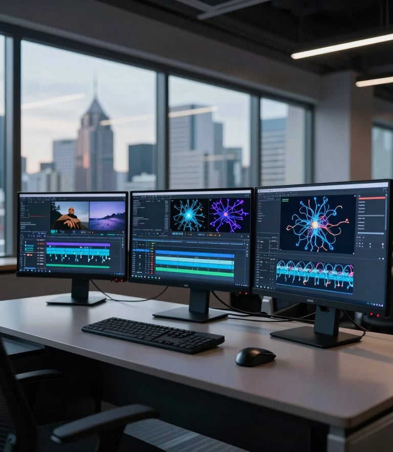 A high-end digital workstation in a modern Istanbul office with a view of the skyline. The desk features multiple sleek monitors showing complex video editing timelines and neural network visualizations. The lighting is cinematic with deep navy and steel blue accents, creating a professional and futuristic atmosphere.