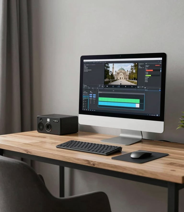 A modern, clean workspace in Ankara, Turkey, showing a high-performance computer with a video rendering progress bar, stylish furniture, and soft natural lighting.