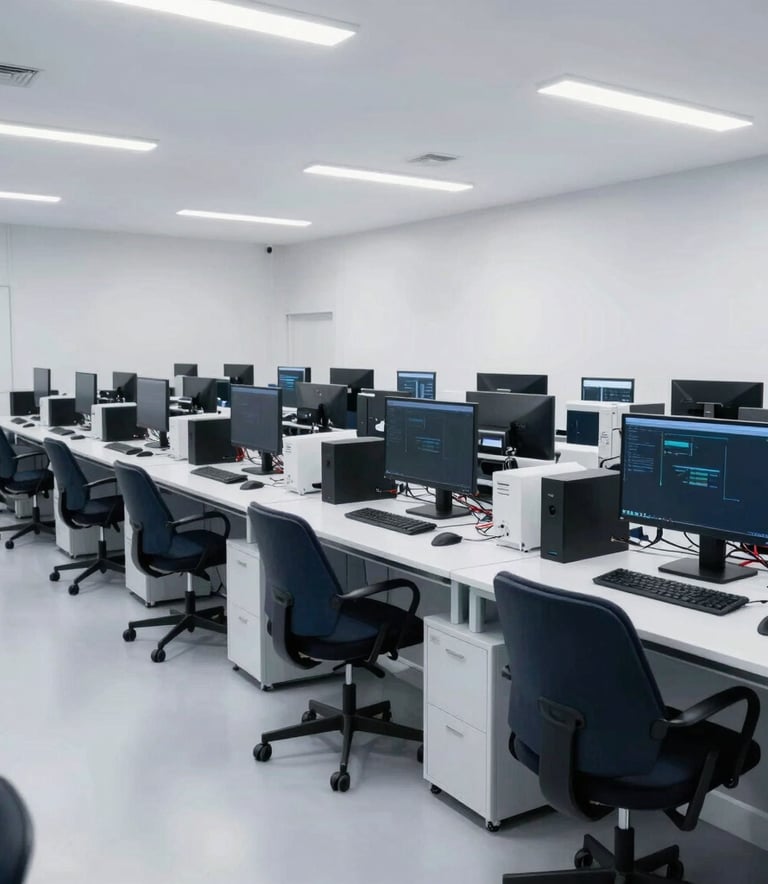 A wide-angle interior shot of a contemporary AI research lab in Istanbul. The space is filled with high-performance computers and soft, professional overhead lighting. The color scheme is dominated by white, slate, and navy tones.
