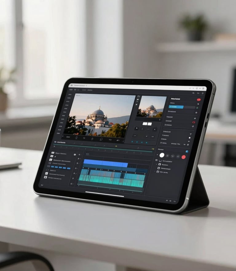 A high-end tablet on a sleek desk in a bright office in Istanbul, Turkey, displaying a minimalist video editing software interface, morning light, professional setting.
