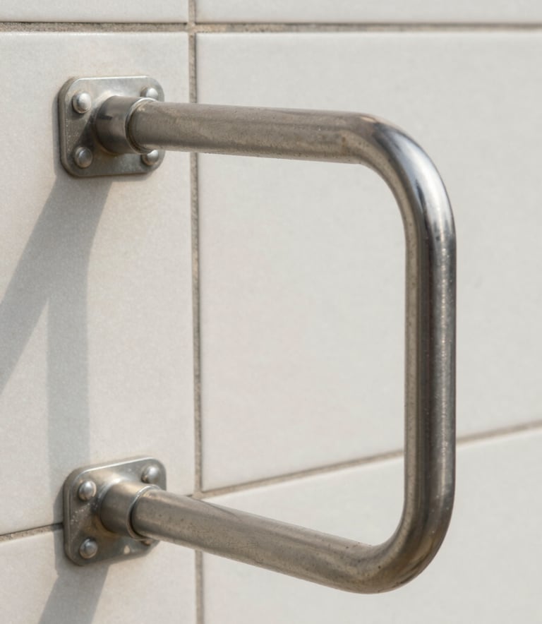 Straight-on architectural close-up of a securely installed stainless steel grab rail on a neat tiled wall, bright daylight, emphasizing clean lines and solid structural mounting.