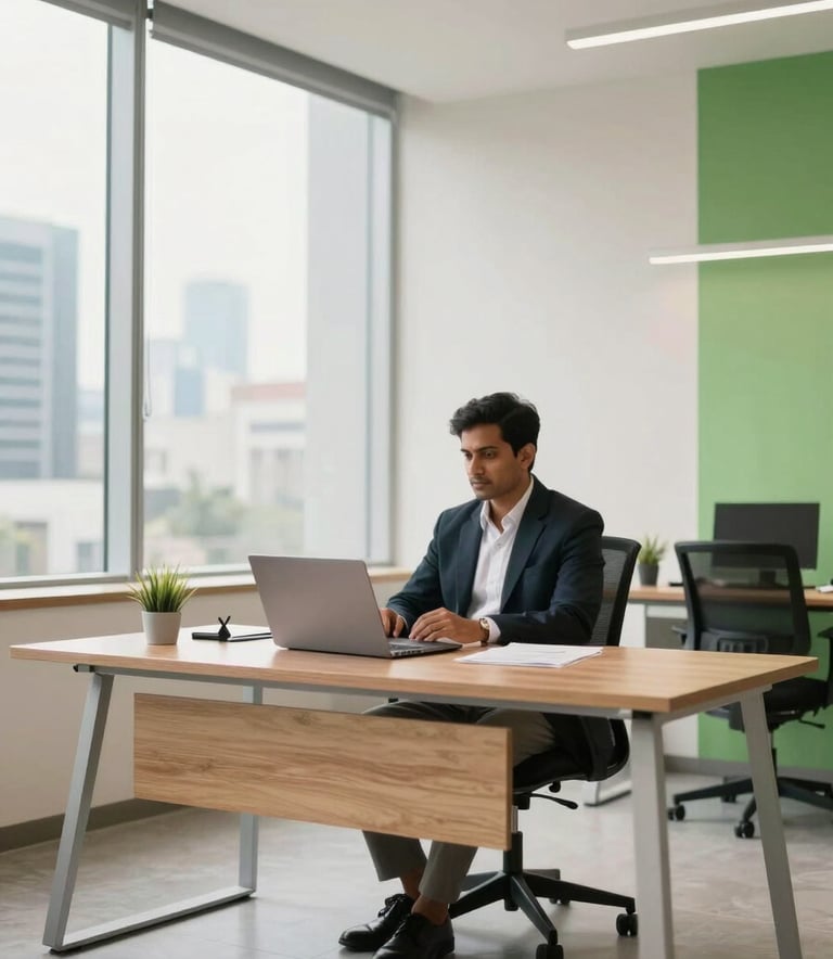 A wide-angle, clean-focus shot of a modern professional office environment in a metropolitan city in India. A South Asian professional sits at a clean wooden desk with a laptop, looking confident. Soft daylight through large windows illuminates the room in shades of off-white and medium green accents.