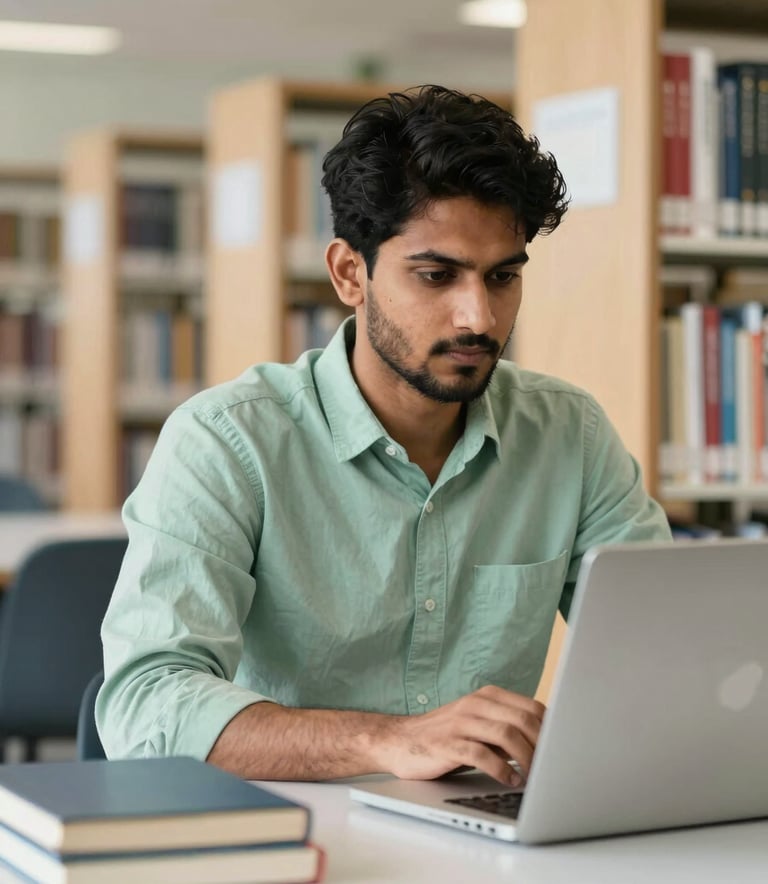 A high-quality photography shot of a serious South Asian graduate student working in a bright, modern academic library. The lighting is soft and natural, emphasizing a professional and focused atmosphere with books and a laptop on a white table. Palette includes light green and off-white tones.
