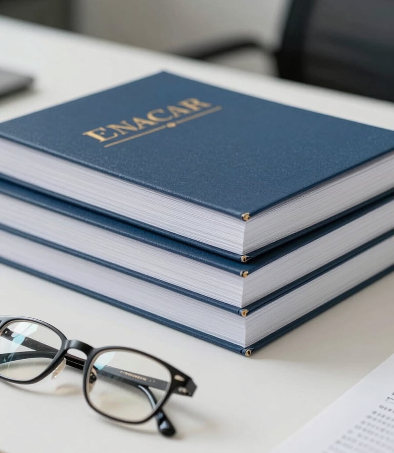 A stack of professional bound thesis documents and a pair of glasses on a clean white desk, shallow depth of field, bright academic atmosphere.