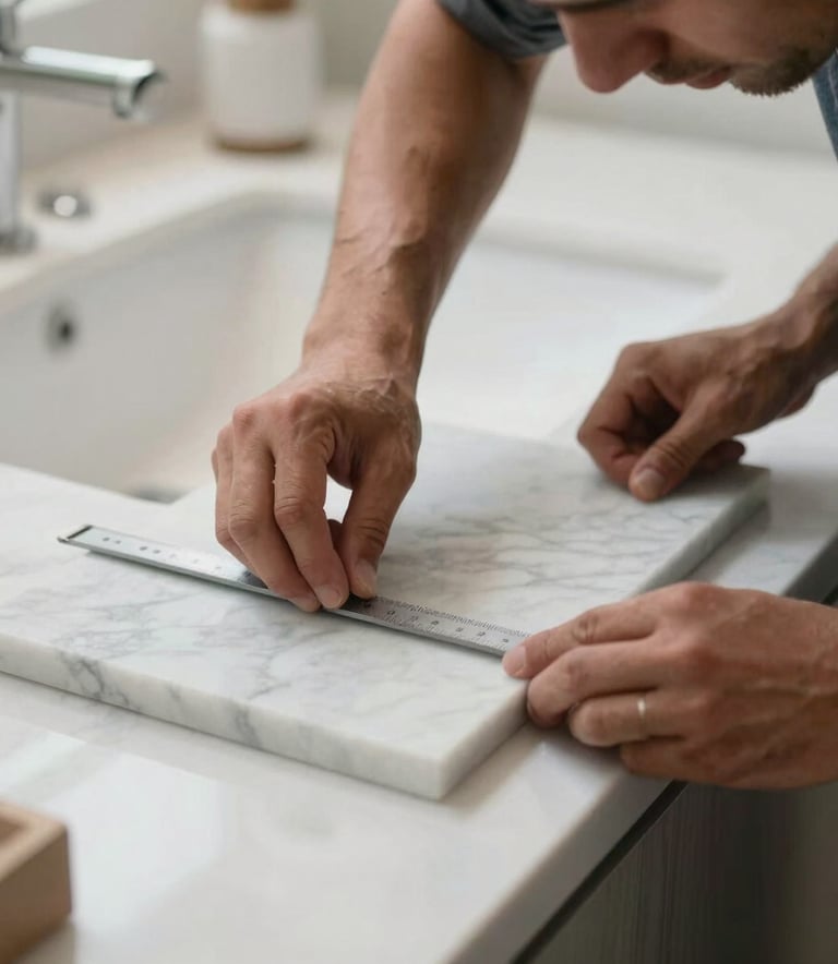 A detailed close-up of a professional craftsman's hands precisely measuring a slab of premium white marble for a bespoke bathroom renovation. The scene is set in a high-end Dutch residence, with soft, natural light and a clean, organized workspace. The mood is one of focused expertise and understated luxury.