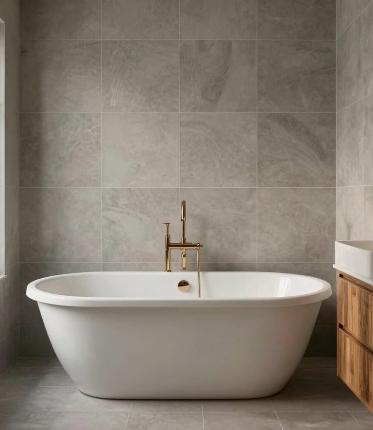Elegant bathroom interior in a Dutch home, featuring a freestanding tub, muted gray tiles, and warm wood accents, soft diffused light.
