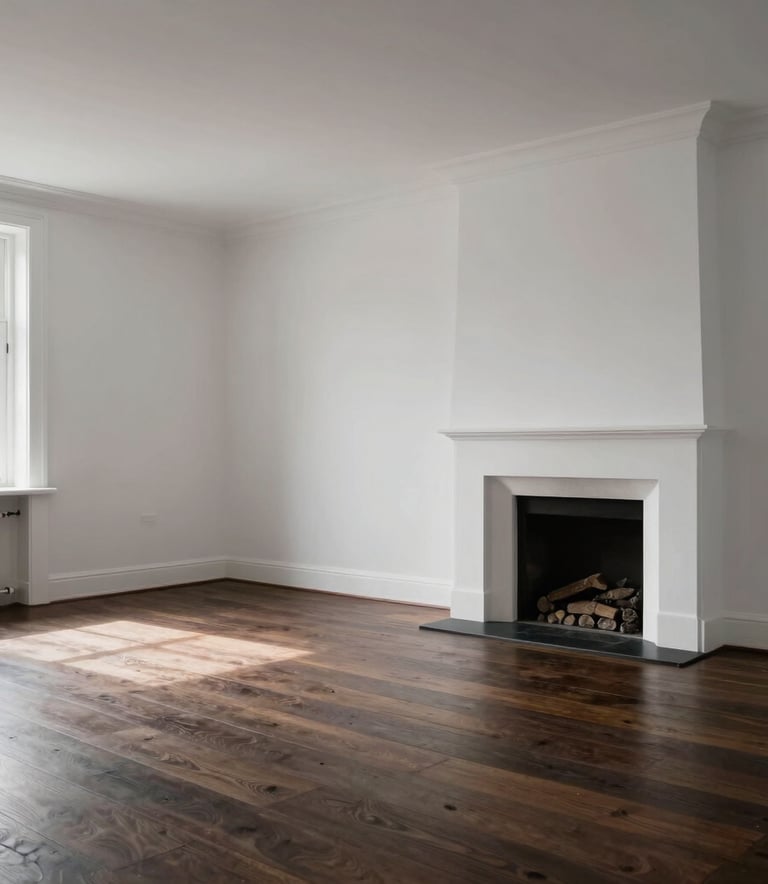 A wide-angle shot of a renovated Dutch living room, featuring clean white walls, a dark oak floor, and a minimalist fireplace, soft morning light.