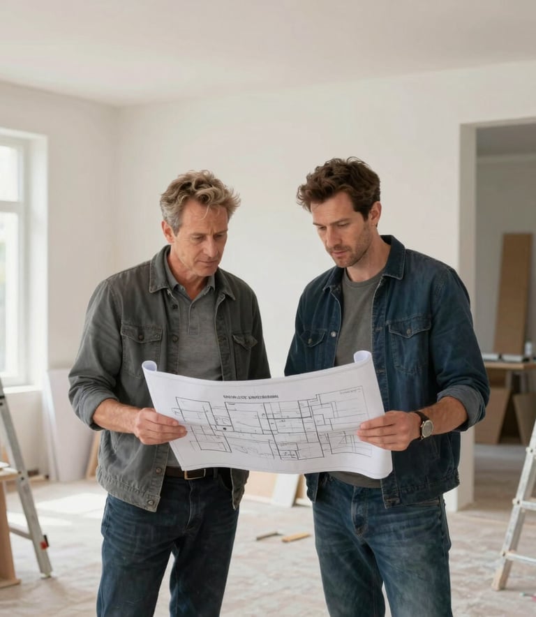 A professional Dutch architect and a lead builder reviewing blueprints together inside a high-end residential renovation site. The space is bright and airy, showing progress on a high-quality interior transformation. The atmosphere is professional and precise.