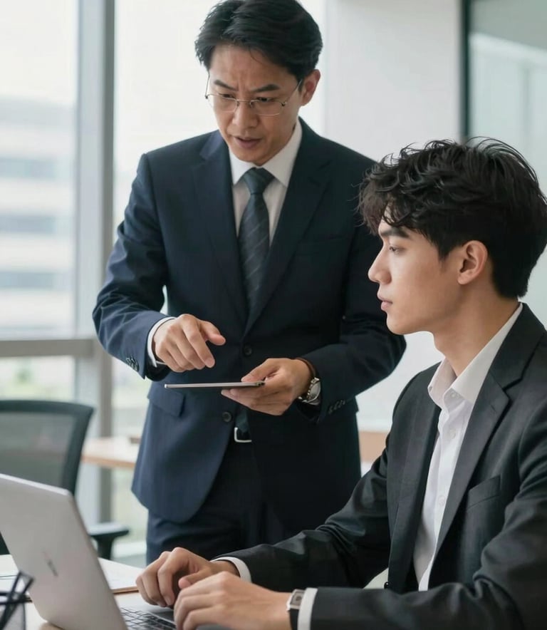 A professional mentorship scene in a bright, modern Jakarta office where an experienced professional is guiding a young adult, both in elegant business attire, candid composition, natural lighting, conveying trust and inspiration.