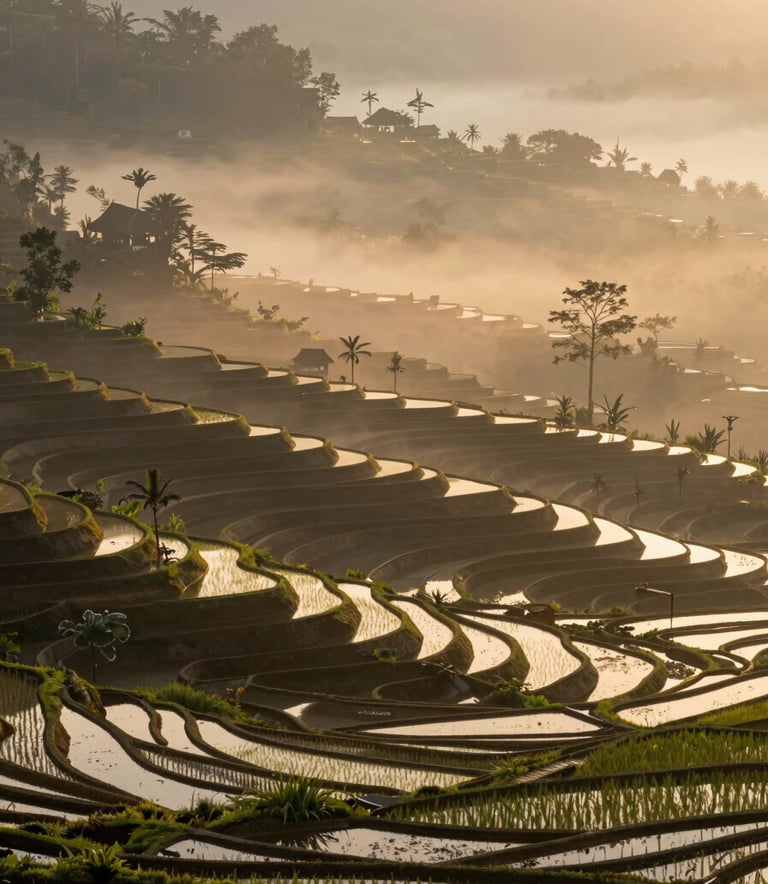 A breathtaking landscape shot of Indonesian rice terraces at sunrise, with soft golden light and mist, symbolizing the heritage and fertile potential of the land.