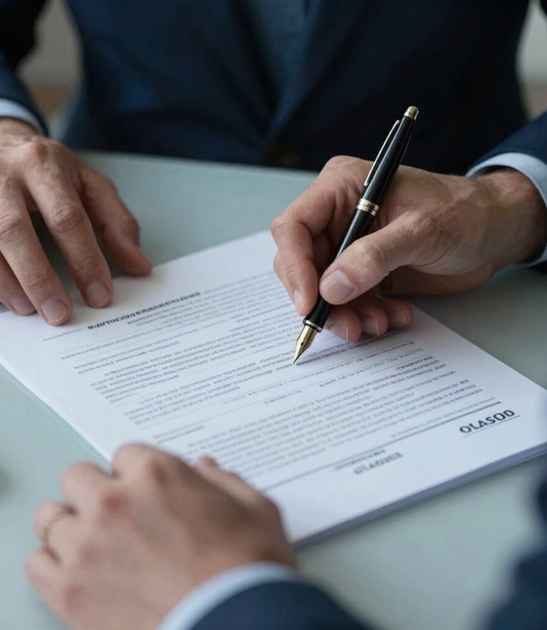 Close-up of hands reviewing official Portuguese legal documents and a fountain pen on a tidy desk. Soft natural light, palette of dark blue and pale blue tones. Professional and precise composition, European Portuguese context.
