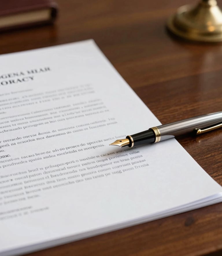 Close-up of legal documents and a classic fountain pen on a polished dark wood desk, soft warm lighting, professional lawyer office atmosphere in European Portuguese style.