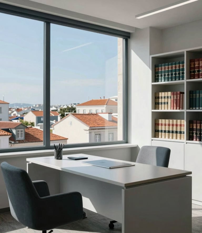 A bright and airy legal office in Portugal with a view of Lisbon's rooftops, featuring modern furniture and bookshelves with legal volumes, sky blue and pale grey tones.