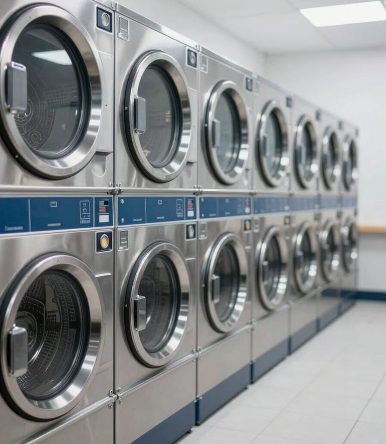 A wide shot of a commercial laundry room featuring a row of high-end, stainless steel washing machines and dryers. The lighting is bright and clean, emphasizing efficiency and professional standards. Accents of #3B607D in the shadows and machinery highlights.