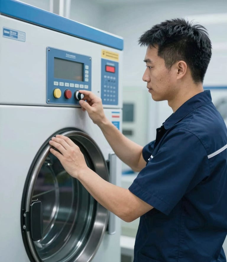 A professional technician wearing a clean uniform, inspecting the technical control panel of a large industrial laundry machine. The lighting is bright and clean, emphasizing technical expertise and reliability. The color palette features deep navy #0B1A2B and cool blues #3B607D.