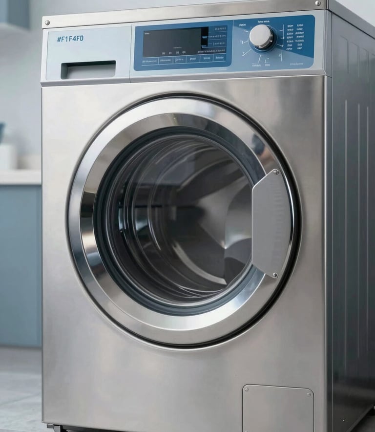 A sleek, stainless steel commercial washing machine in a high-end Mumbai laundry facility. The image is sophisticated and clean, with soft reflections and a professional atmosphere using brand colors #F1F4F8 and #8AA4BC.
