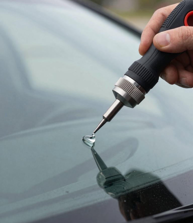 Extreme close-up photography of a professional auto glass repair kit being used on a windshield. Focus on the precision tool and a drop of clear resin against the glass. North American outdoor setting, bright daylight.