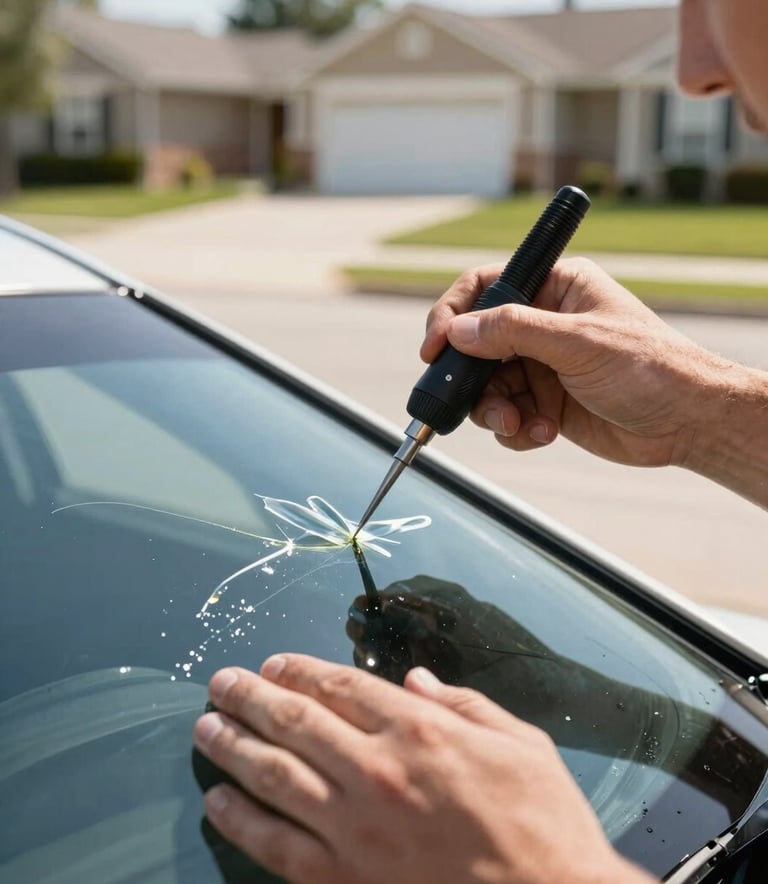 Close-up of a certified technician's hands using professional tools to apply clear resin to a windshield chip. The lighting is bright and clean, emphasizing a premium service. The background shows a soft-focus North American suburban driveway. Colors lean toward navy blue and off-white.
