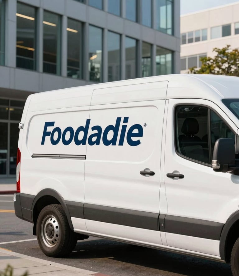 Photography of a professional white service van with clean branding parked outside a modern office building in a US city. Bright morning sun, professional and reliable atmosphere.