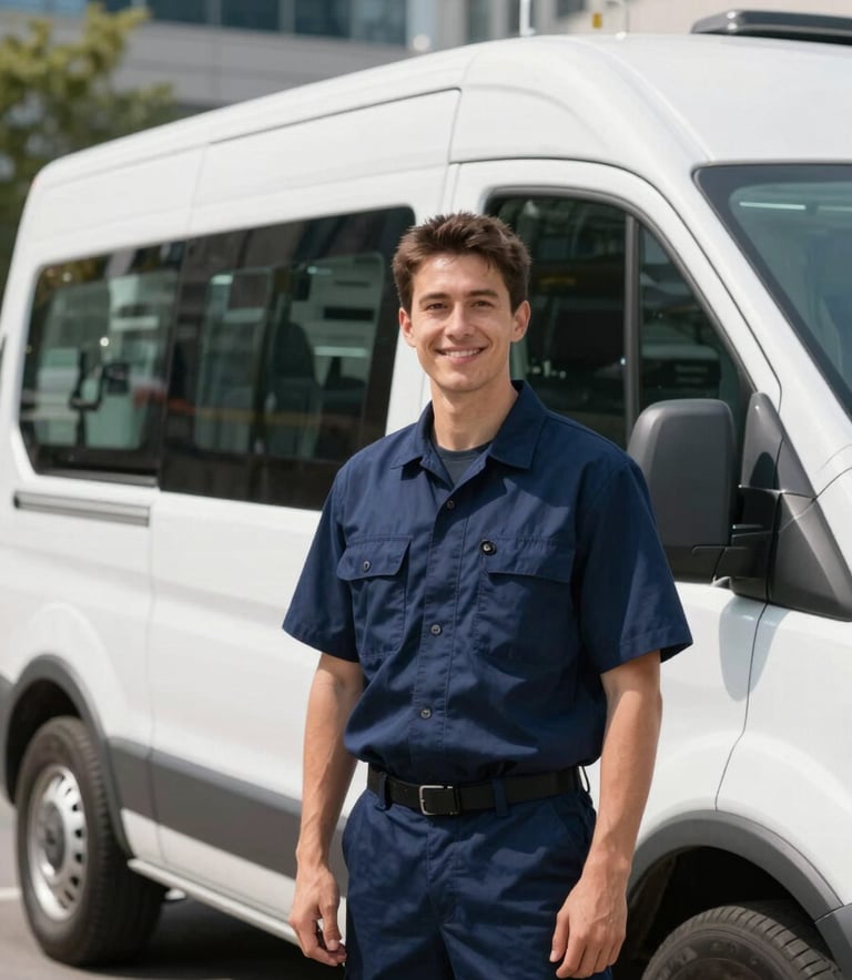 A professional technician in a navy blue uniform stands beside a clean, modern white mobile service van in a North American business district. The technician is smiling confidently. Bright, natural daylight creates a trustworthy and reliable atmosphere.