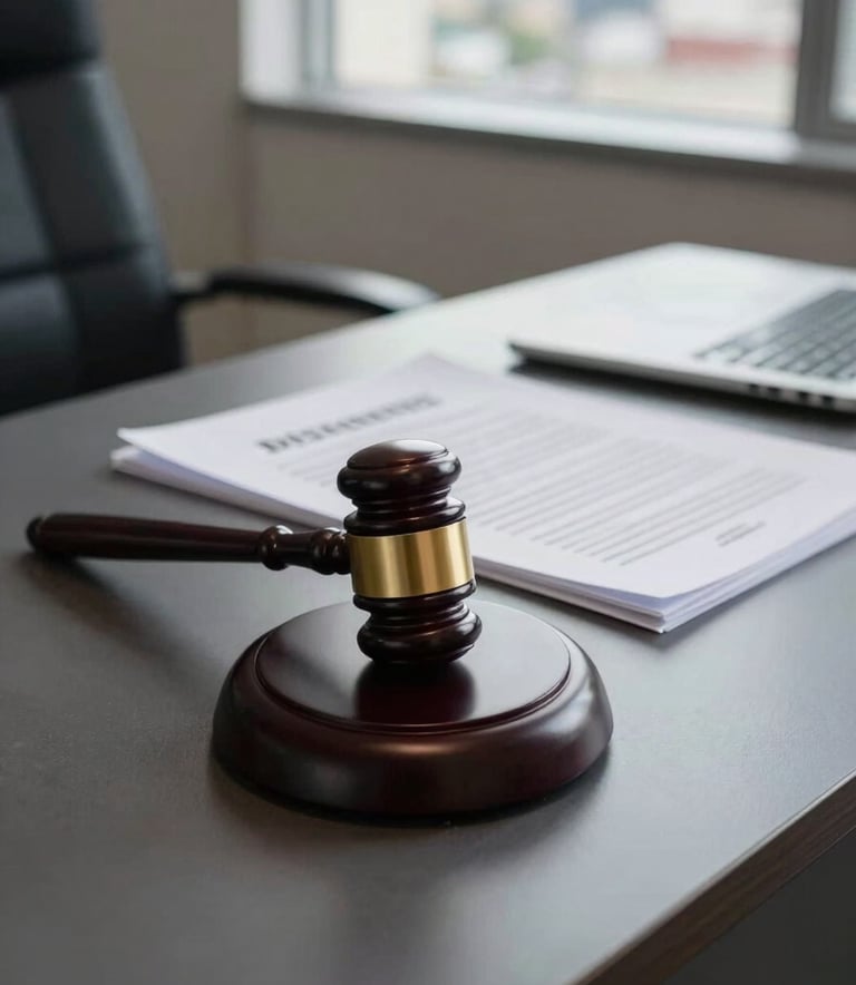 A professional legal setting in a South American / Brazilian office. A desk with a legal gavel and documents, featuring tones of dark slate grey and soft off-white. Natural light coming from a window overlooking a city.